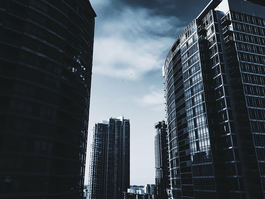 gris, negro, edificio, rascacielos, nublado, cielo, edificios, torres, arquitectura, ciudad
