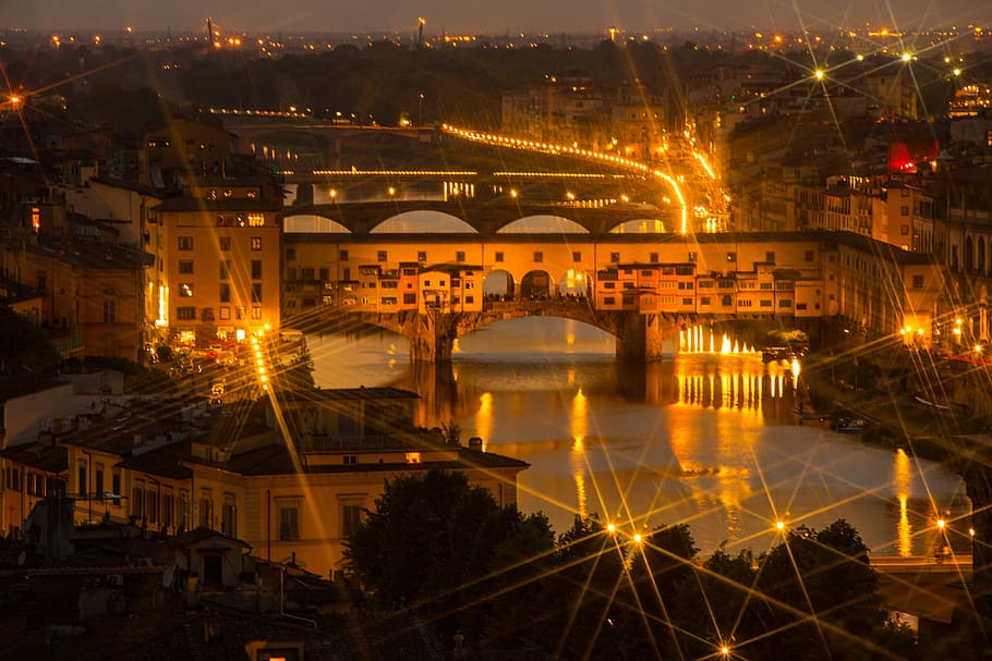 Florence, Jembatan, Italia, Ponte Vecchio, arsitektur, Cityscape, kota, eksterior bangunan, struktur bangunan, diterangi