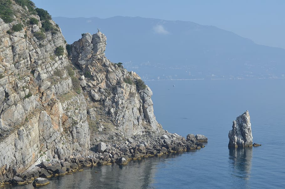 rocks, beach, landscape, crimea, yalta, sea, nature, coastline, mountain, cliff