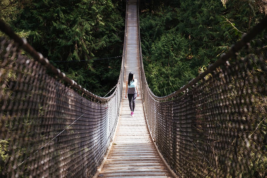 woman, bridge, hiking, walking, forest, trees, nature, outdoors, suspension, girl