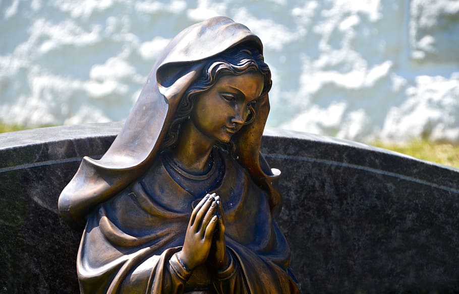 praying mary statue, commemorate, maria, figure, angel, grave, tombstone, forest, cemetery, harmony