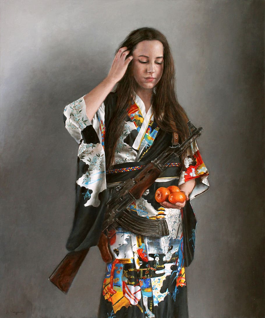 kimono, rifle, gun, woman, tangerines, assaultrifle, kalashnikov, one person, indoors, front view