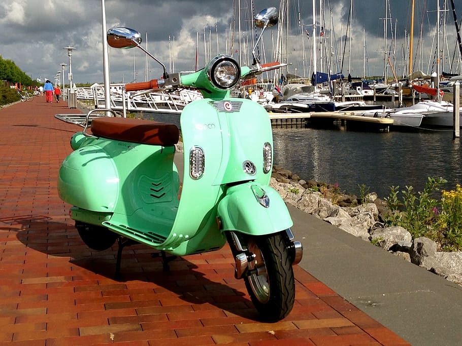 emco, nova, electric scooter, scooter, retro, mode of transportation, transportation, nautical vessel, water, day