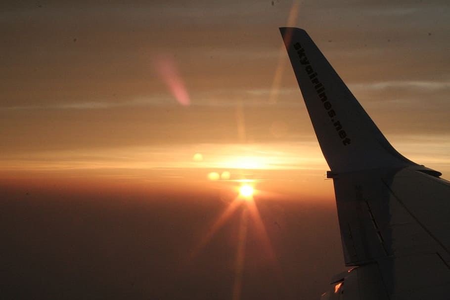 pesawat selama matahari terbenam, Pesawat, Terbang, langit, awan, penerbangan, transportasi, perjalanan, matahari terbenam, matahari