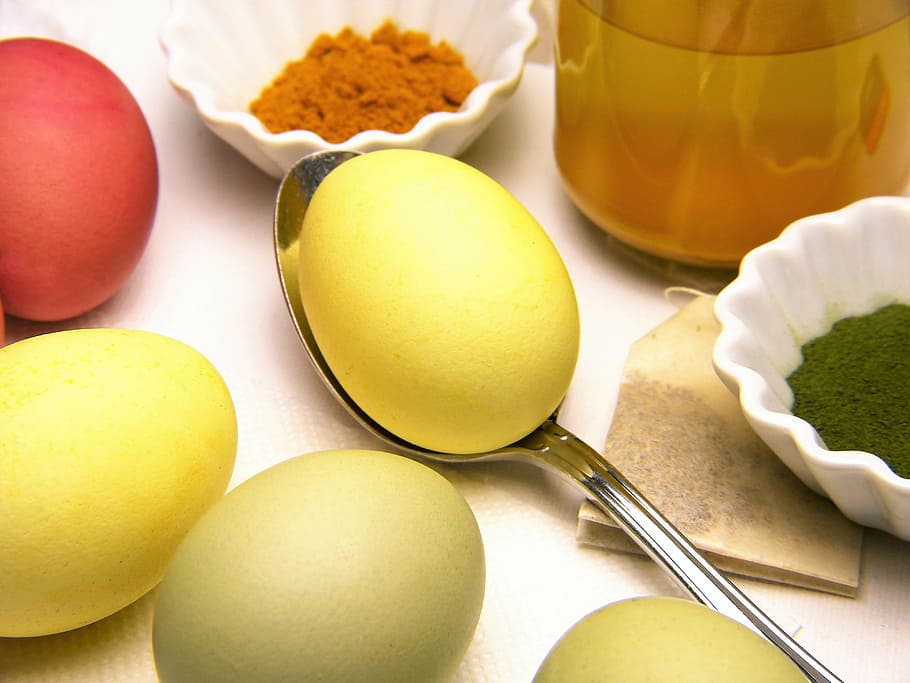 amarelo, ovo, parte superior, inoxidável, colher de aço, ovos de páscoa, cor, cores da natureza, páscoa, ovo de páscoa