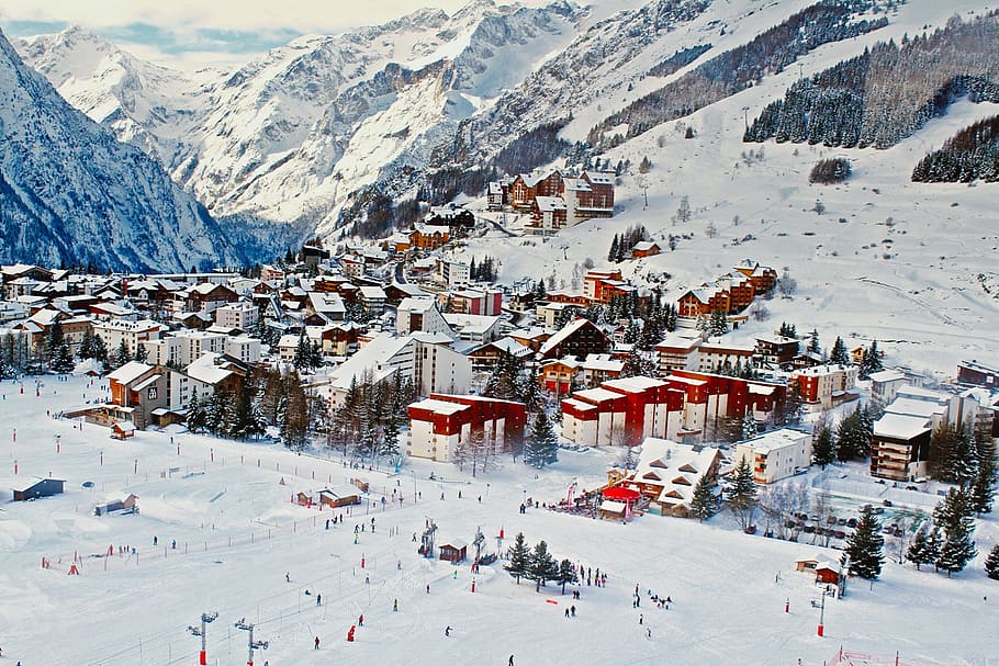 aerial, village, france, ski, skiing, resort, mountains, leisure, recreation, tourism