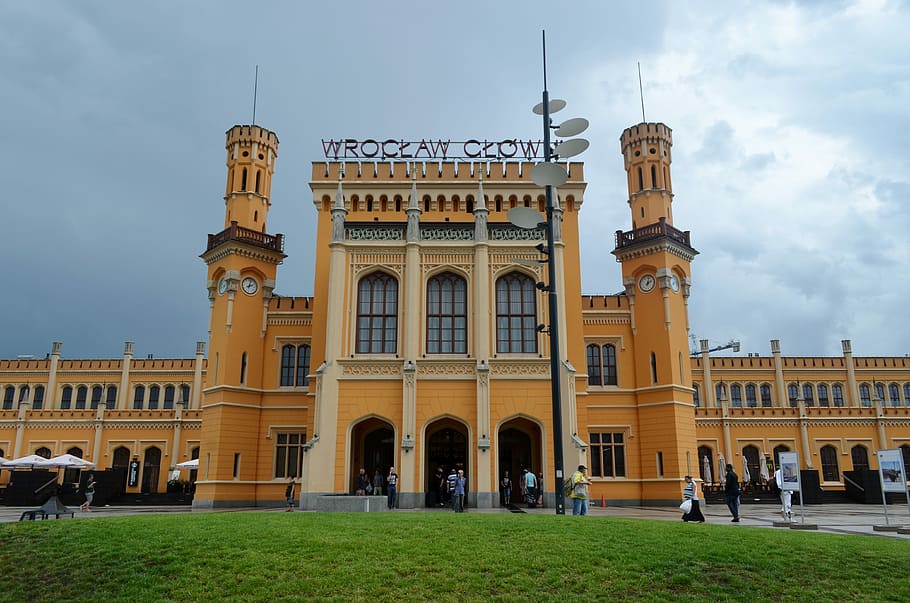 wroclaw, the main station, the yellow building, historic building, poland, architecture, built structure, building exterior, sky, travel destinations