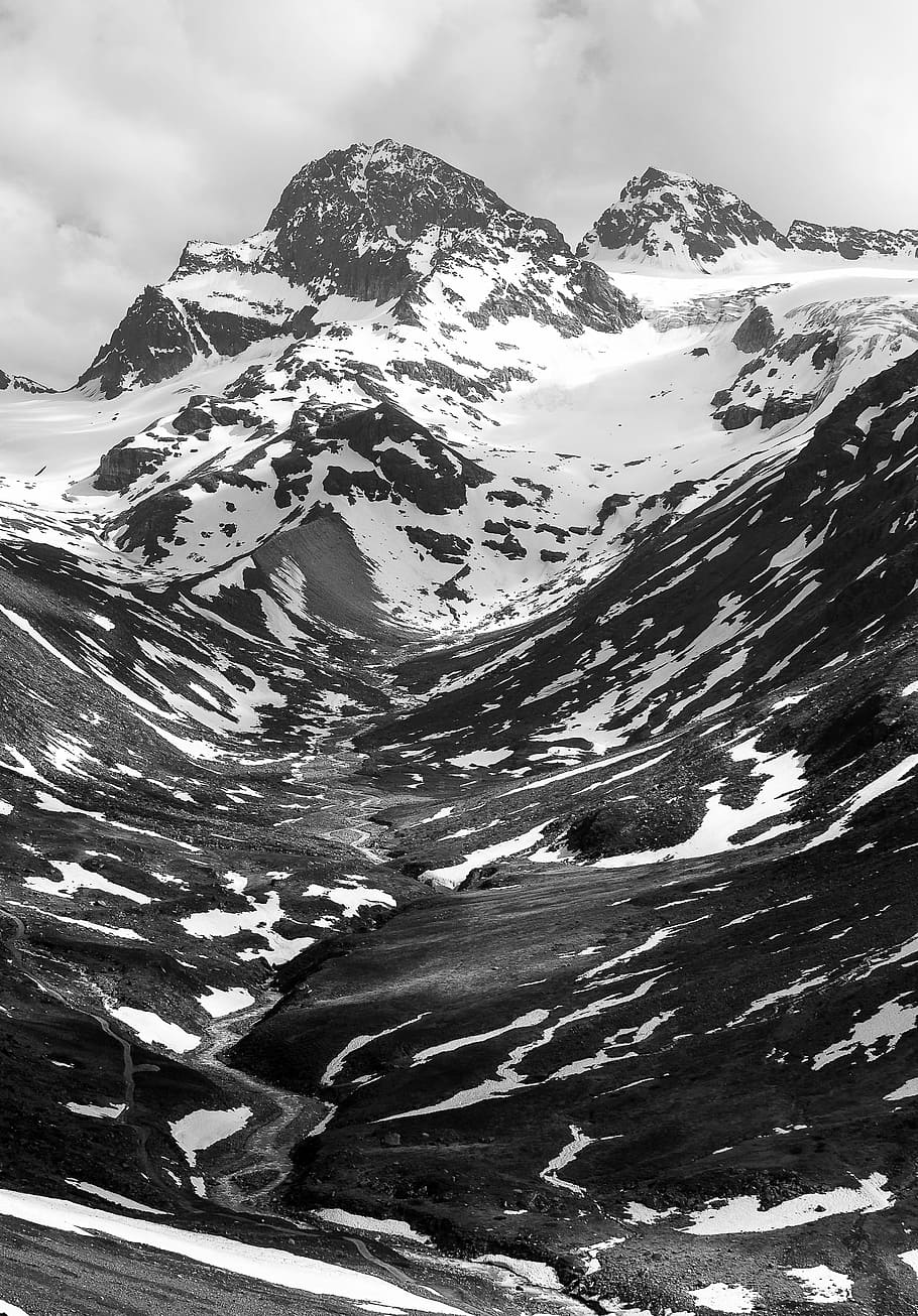 mountain, piz buin, black and white, vorarlberg, austria, snow, cold temperature, winter, beauty in nature, snowcapped mountain