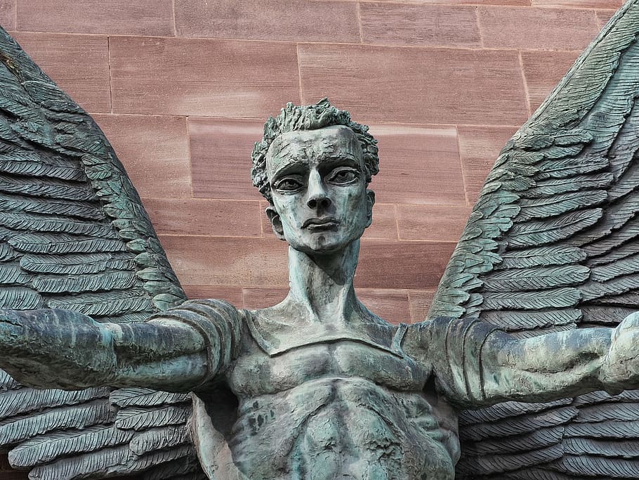 saint, michael, angel, sculpture, archangel, victory, epstein, coventry cathedral, embrace, wing