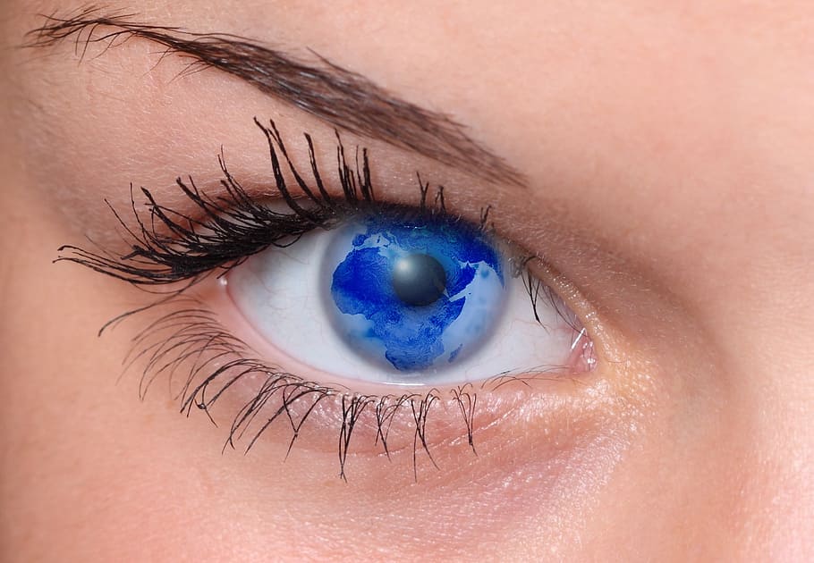 close-up photo, woman, eyes, blue, earth reflection, eye, pupil, lid, eyebrow, world