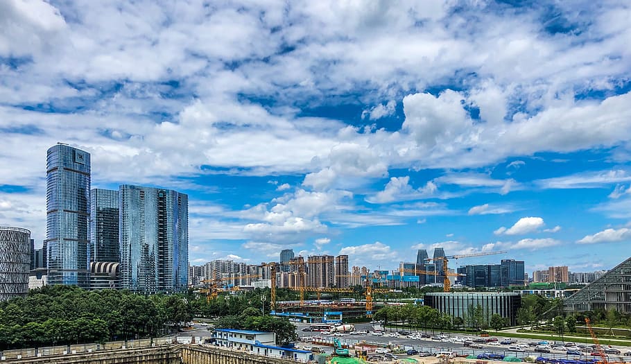 chengdu, canteiro de obras, construir, céu azul, nuvem branca, moderno, cidade, estrutura construída, exterior do edifício, arquitetura