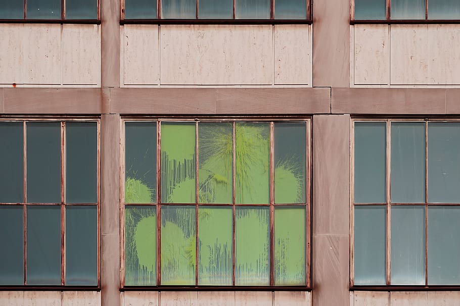 green, painted, window, daytime, panes, wooden, glass, paint, crack, wall