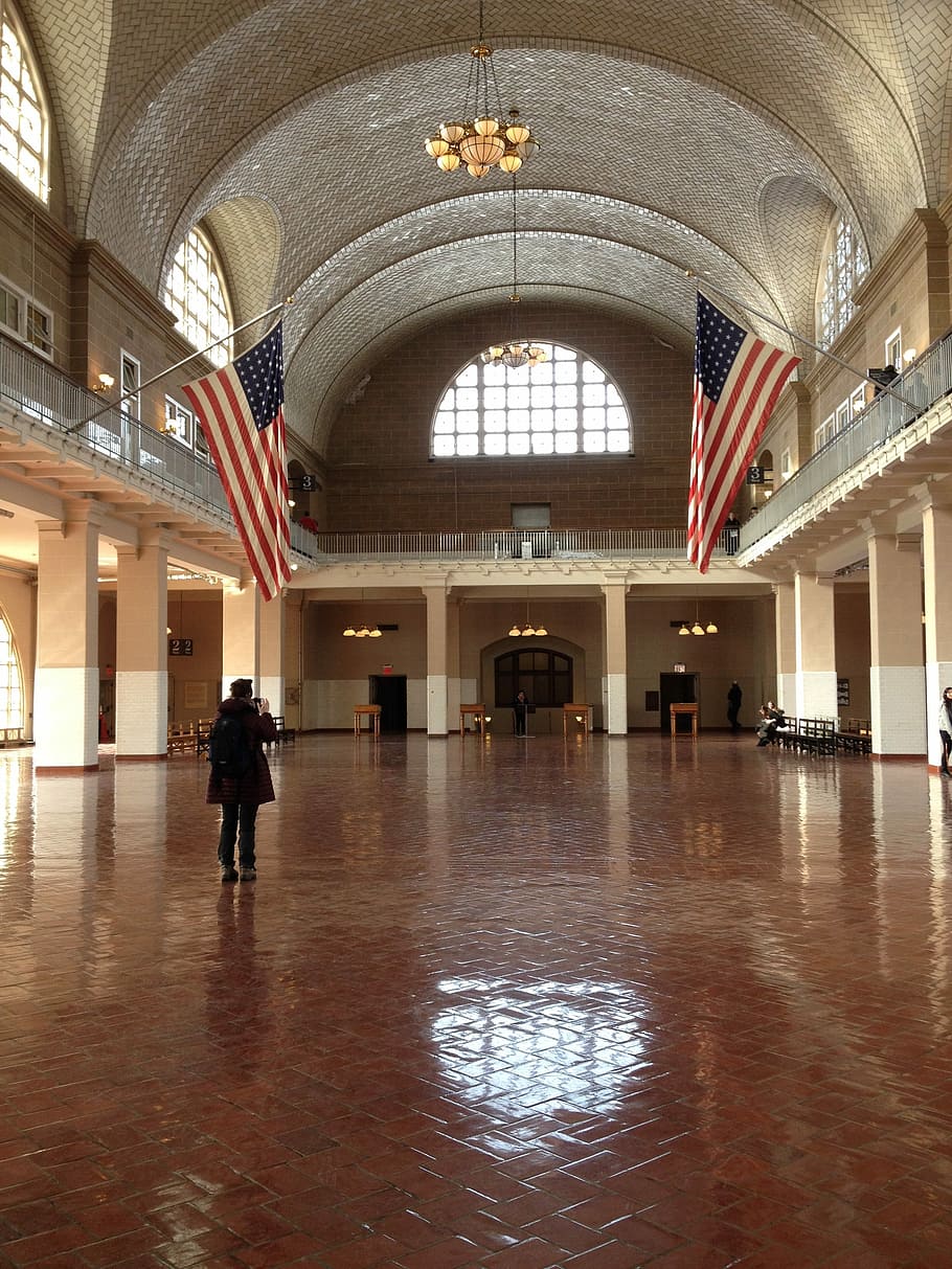 Ellis Island, Estados Unidos, Nueva York, hall de entrada, inmigración, estación, bandera, interior, patriotismo, arco