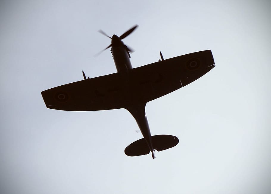 fotografía de ángulo bajo, avión, spitfire, av, caza, guerra, aire, militar, hélice, raf
