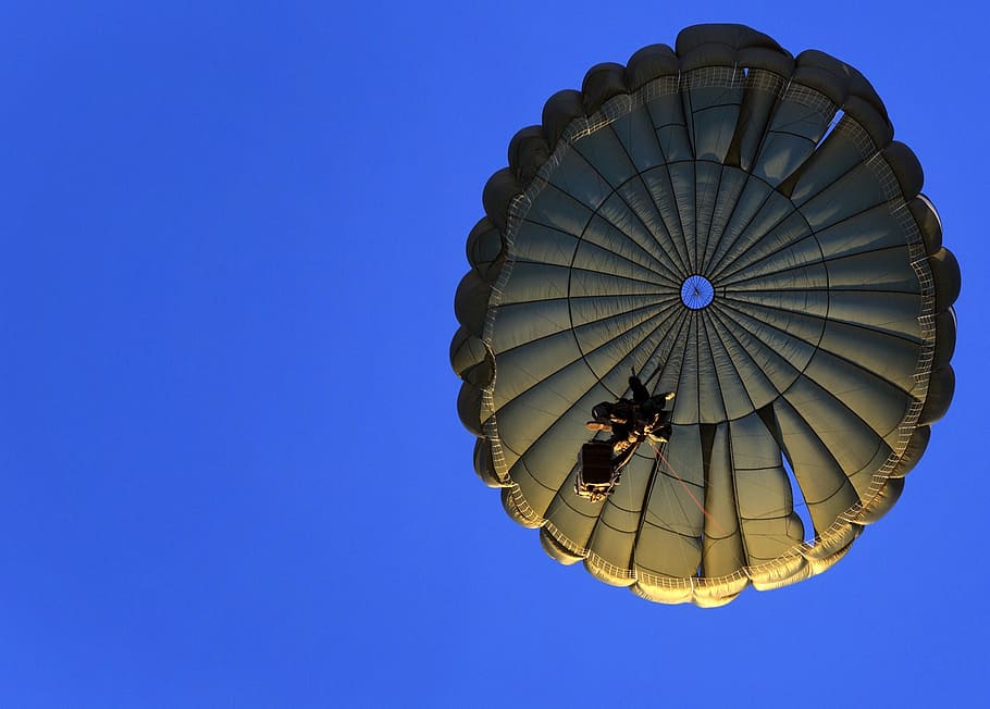 paracaídas, paracaidismo, salto, entrenamiento, militar, para-rescatador, paracaidista, avión, peligro, cielo
