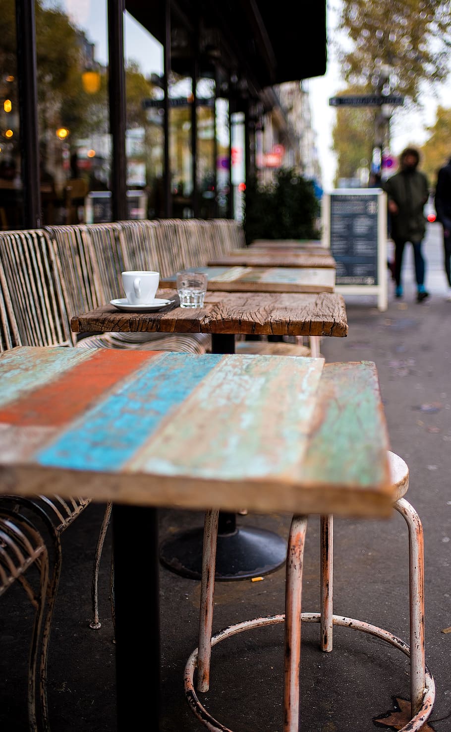 Paris, 2016, ceramic, cup, wooden, table, rails, seat, chair, food and drink