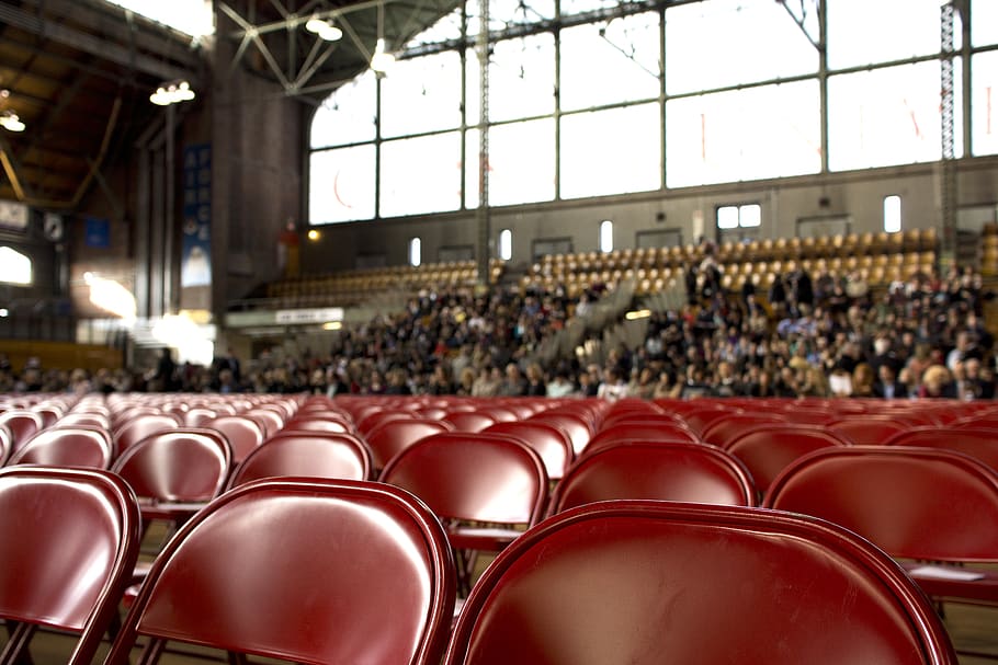 red, chairs, seats, stands, hall, gym, stadium, crowd, spectators, windows