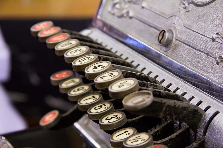 close, gray, brail typewriter, cash register, keys, numbers, vintage, antique, details, cash