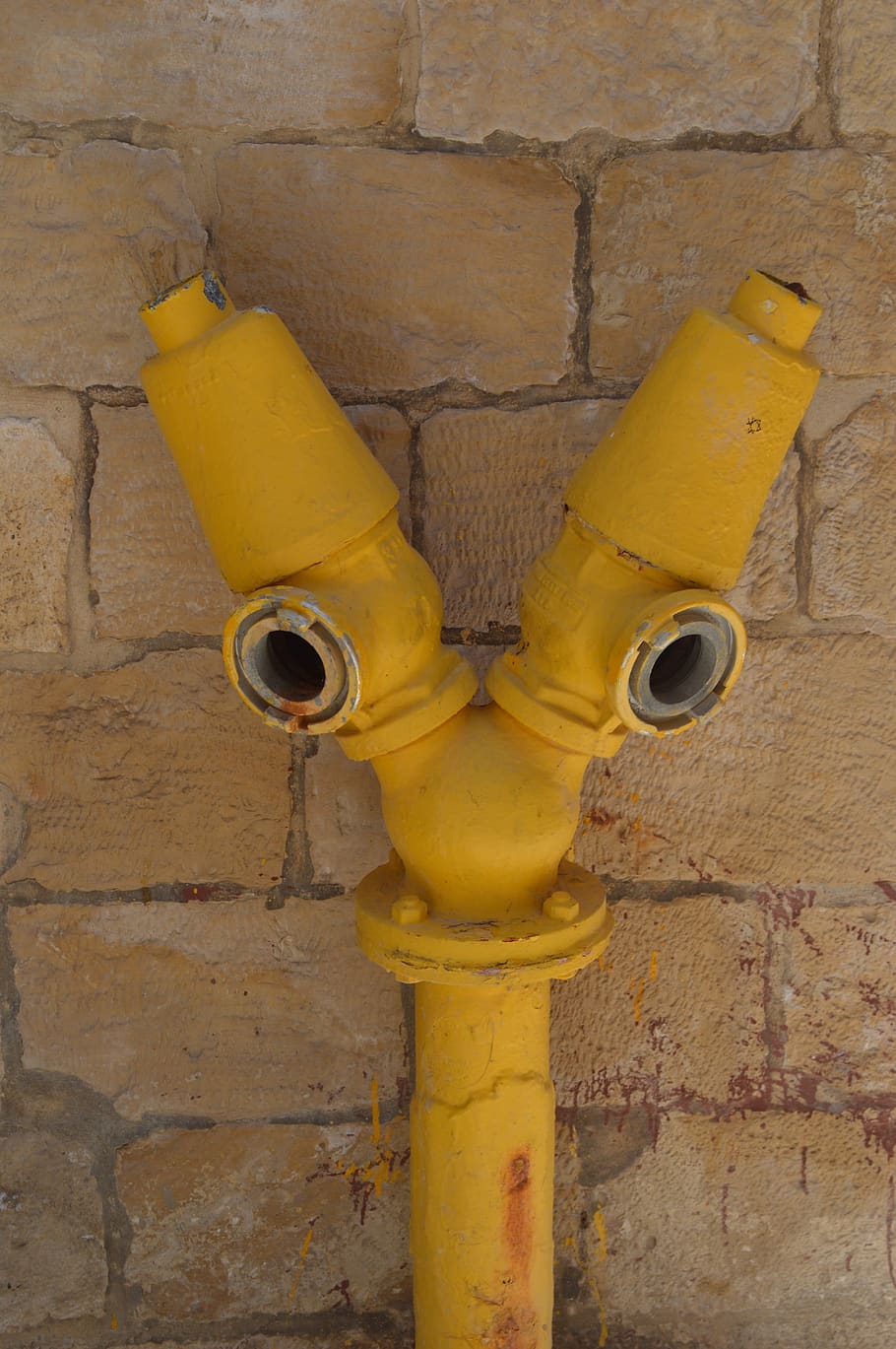 water pipe, leadership, pipe, yellow, extinguish, fire department, wall - building feature, built structure, metal, day