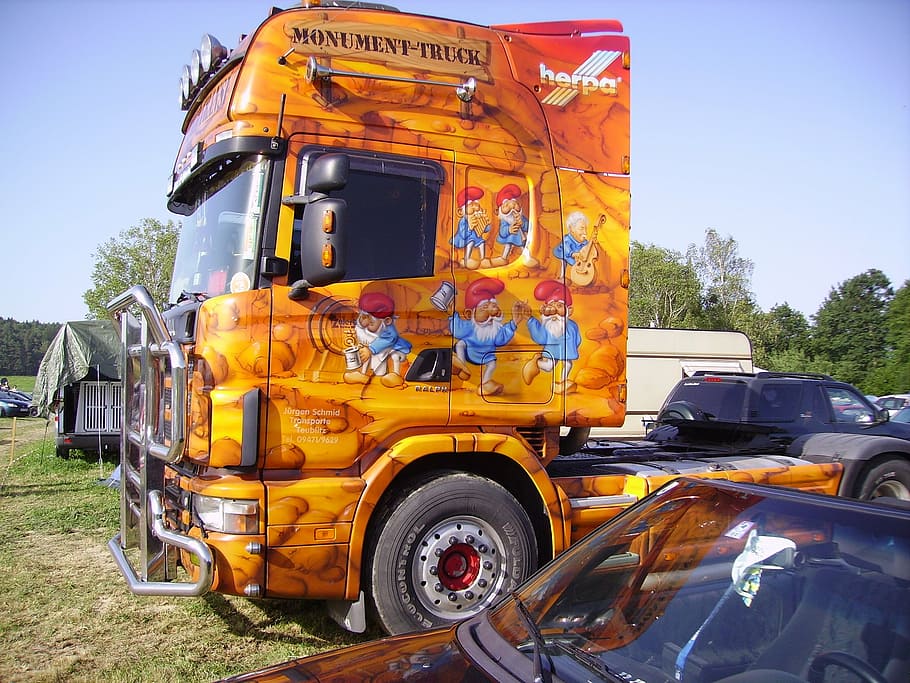 airbrush, truck, colorful, orange, yellow, graffiti, mode of transportation, land vehicle, transportation, day