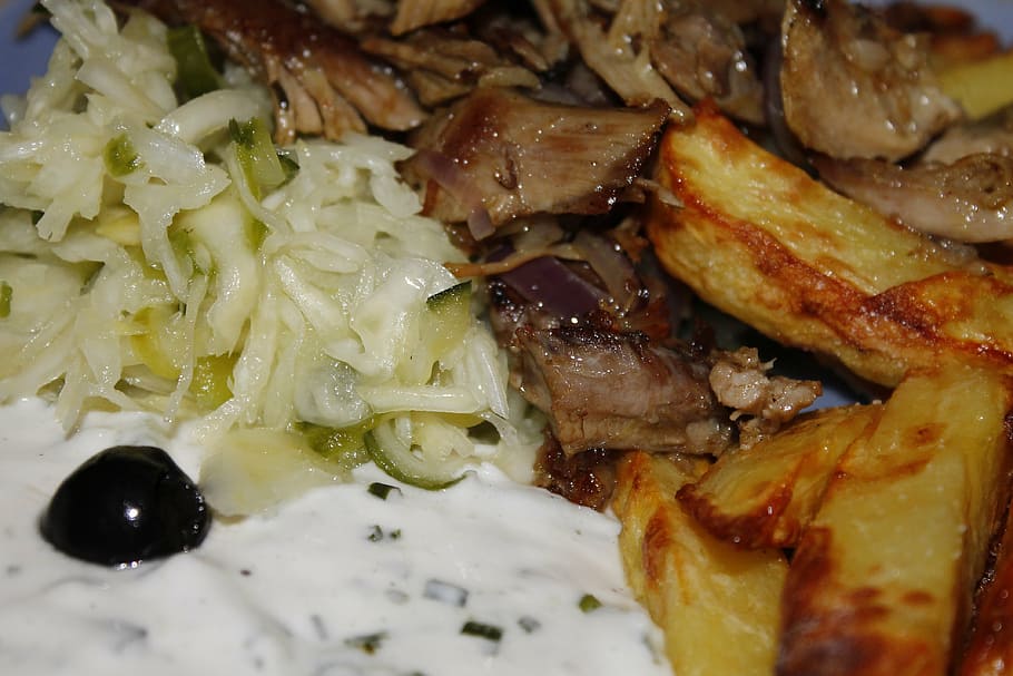 cocido, carne, verduras, giroscopios, comer griego, comer, tzatziki, aceituna, comida, francés