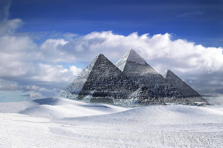 three pyramids, pyramids, gizeh, egypt, snow, landscape, creative, cloudy sky, fantasy, climate