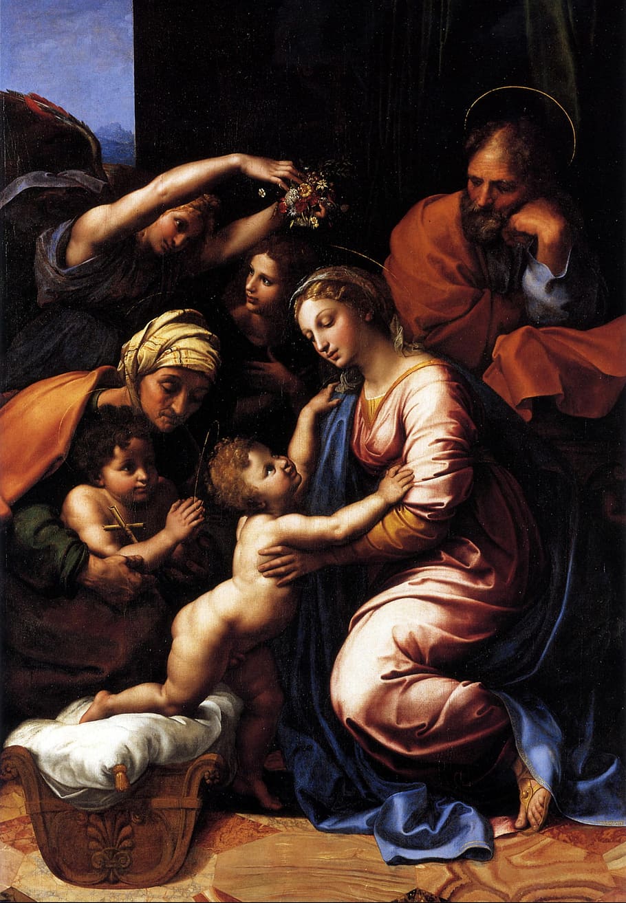 religious painting, raffaello sanzio, artists, painter, canigiani holy family, oil painting, canvas, artwork, painting, group of people