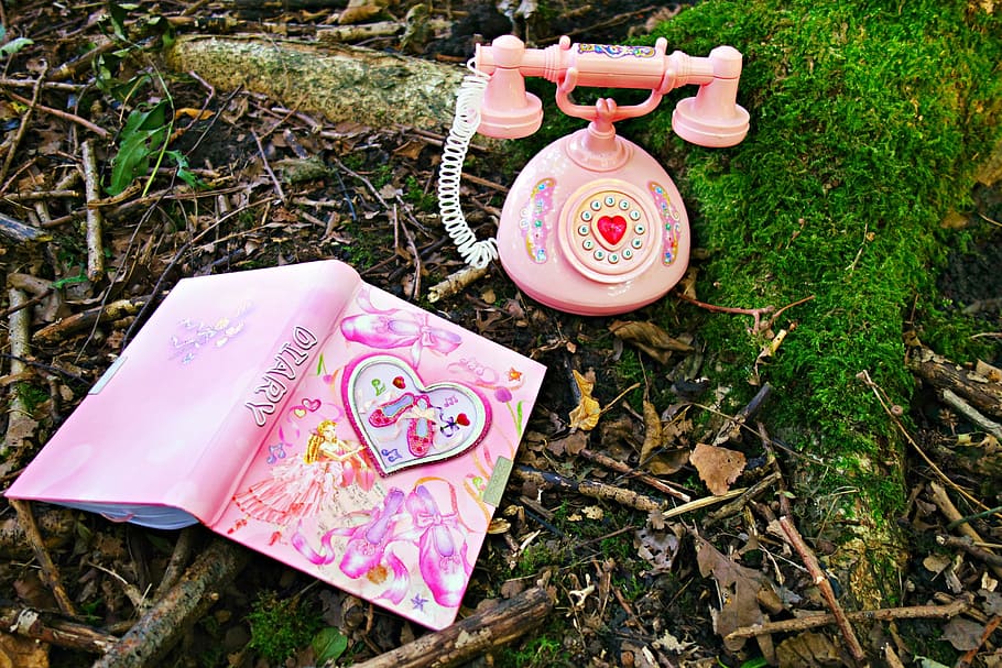 pink, white, rotary, phone, diary, tree branches, telephone, classic, vintage, toy