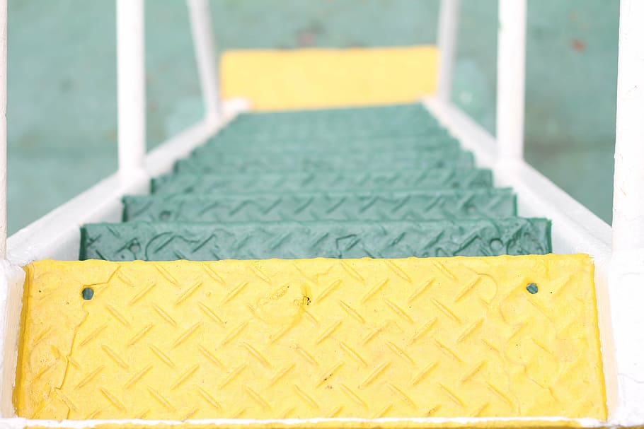 yellow, green, metal stair, stair, steel, metal, empty, indoors, day, close-up