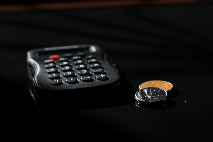 black, two, round coins, Accounting, Finance, Coins, Calculator, calculations, salary, income