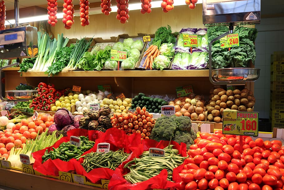 variety, vegetables, displayed, counter, market hall, palma, palma de mallorca, market, mercat de l'olivar, shopping