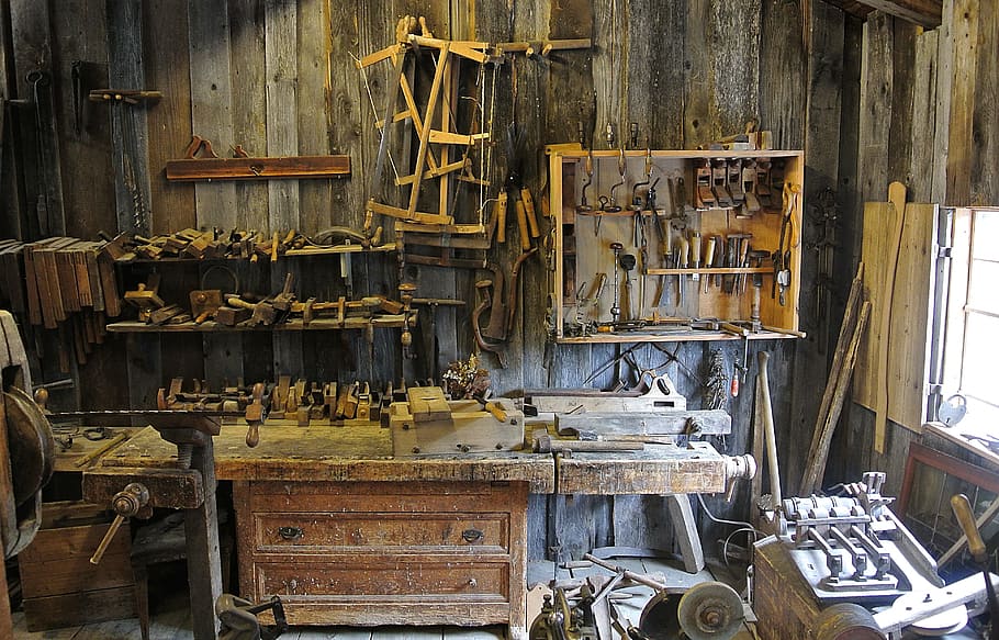fotografía, vacío, garaje, taller, herramientas, equipo, madera, antiguo, histórico, museo