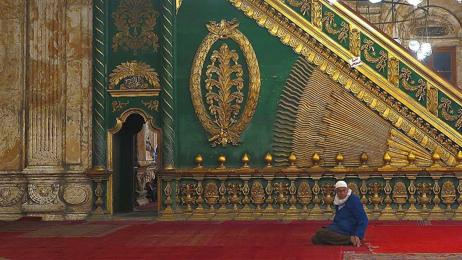 man, sitting, red, floor, green, yellow, wall, mosque, muhammad ali, pray