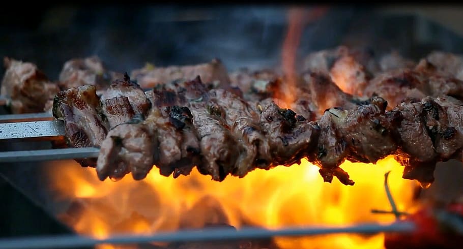 meat skewer, charcoal grill, bbq, flamed grill, k, grill, barbecue, fire, meat, hot