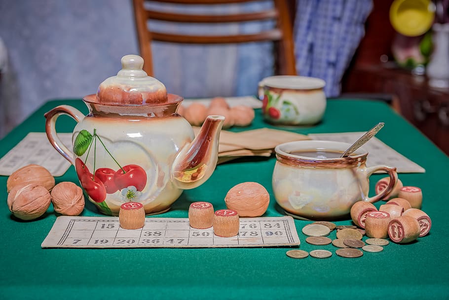 russian lotto, table, game, leisure, entertainment, tea, cups, nuts, retro, vacation
