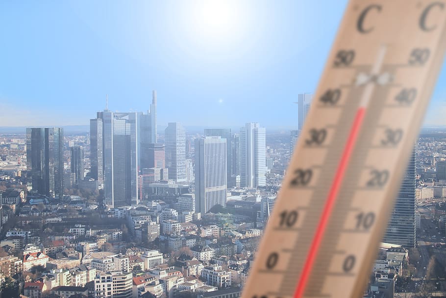 thermometer, summer, heiss, city, frankfurt, heat, sun, temperature, energy, sky
