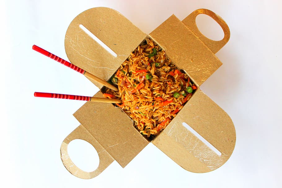 pair, brown-and-red chopsticks, food, box, chinese, takeaway, chopsticks, food and drink, directly above, studio shot
