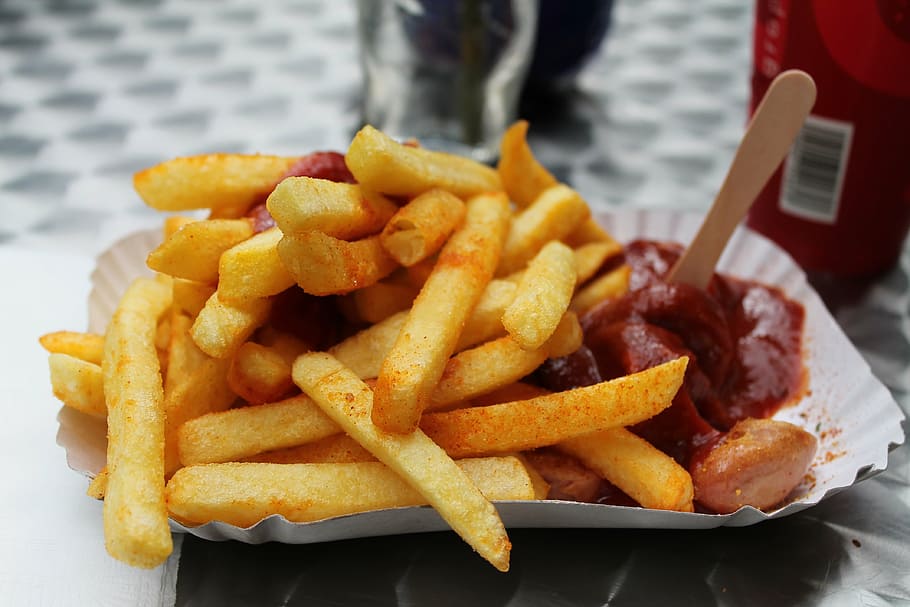 fried, potato, chili sauce, french fries, fast food, junk food, snack, currywurst, eat, prepared potato