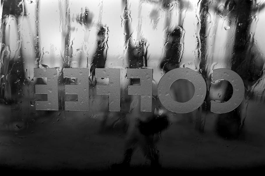 grayscale photo, coffee signage, rain, city corner, coffee, window, glass, black And White, text, number