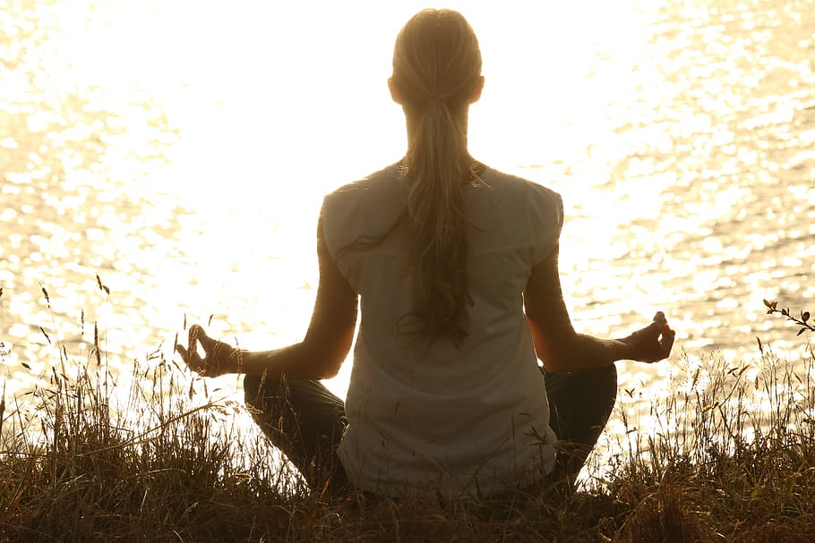 woman, meditating, body, water, meditate, meditation, peaceful, silhouettes, sunset, tranquil