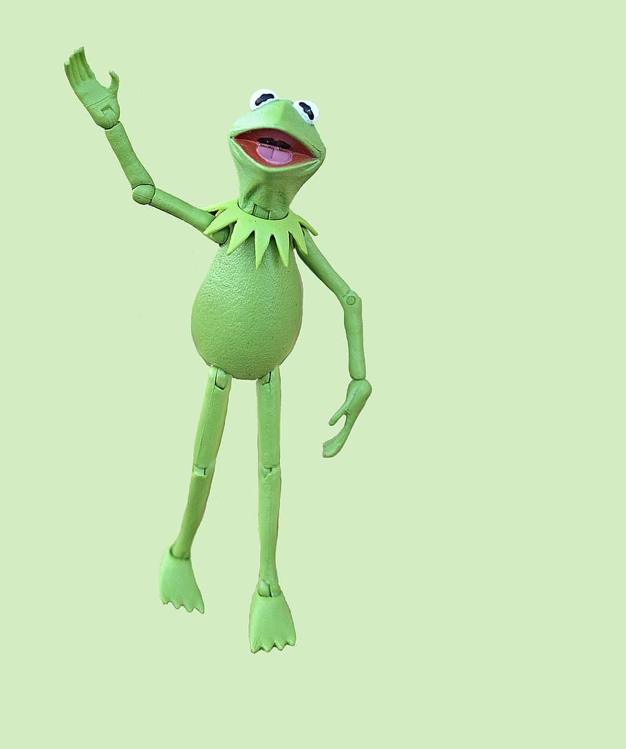 hermit the frog, kermit, frog, muppet, action figure, green, waving, hello, toad, toy