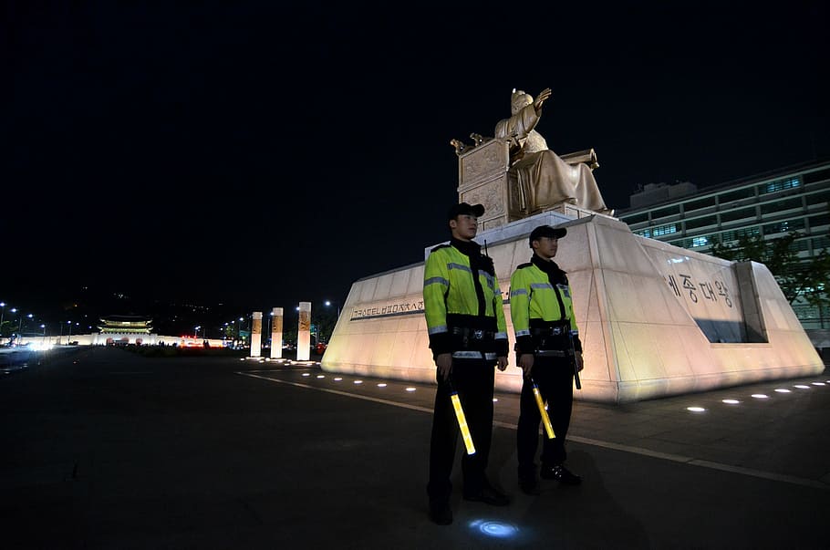 king sejong the great, gwanghwamun, square, police, police Force, people, night, occupation, two people, safety