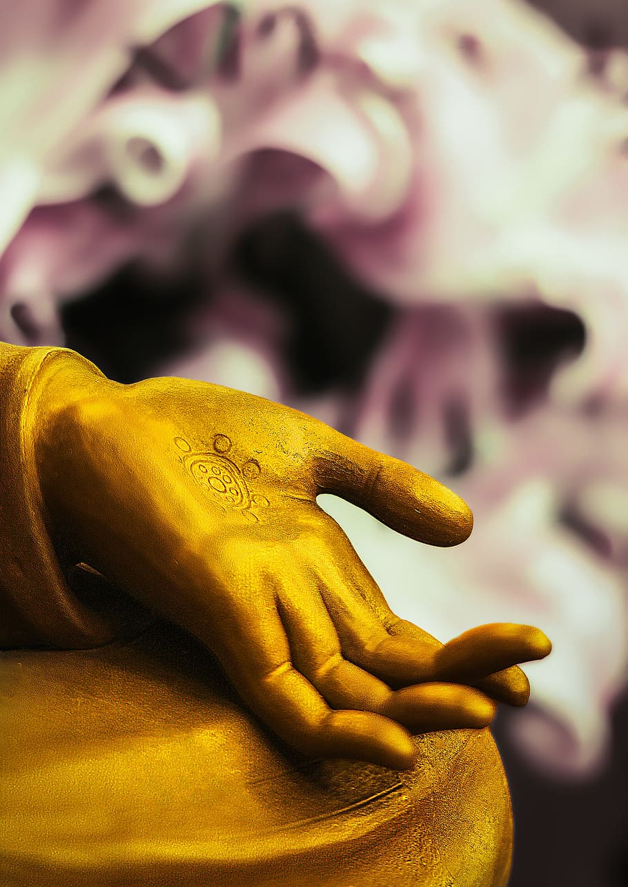 gold hand figurine, buddha statue, stone, hand, symbolic, statue, religion, sculpture, buddha, temple