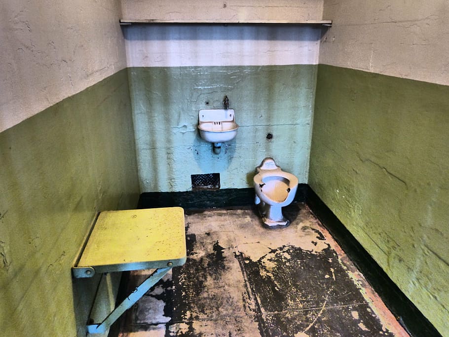white, ceramic, toilet bowl, wall shelf, alcatraz, alcatraz prison, california prison, jail cell, prison cell, incarceration