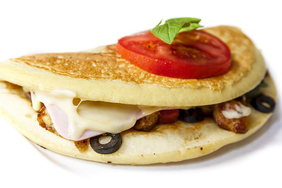 pancake with potato, Breakfast, Omelette, Ham, Eggs, Cheese, basil, omlet, olives, food