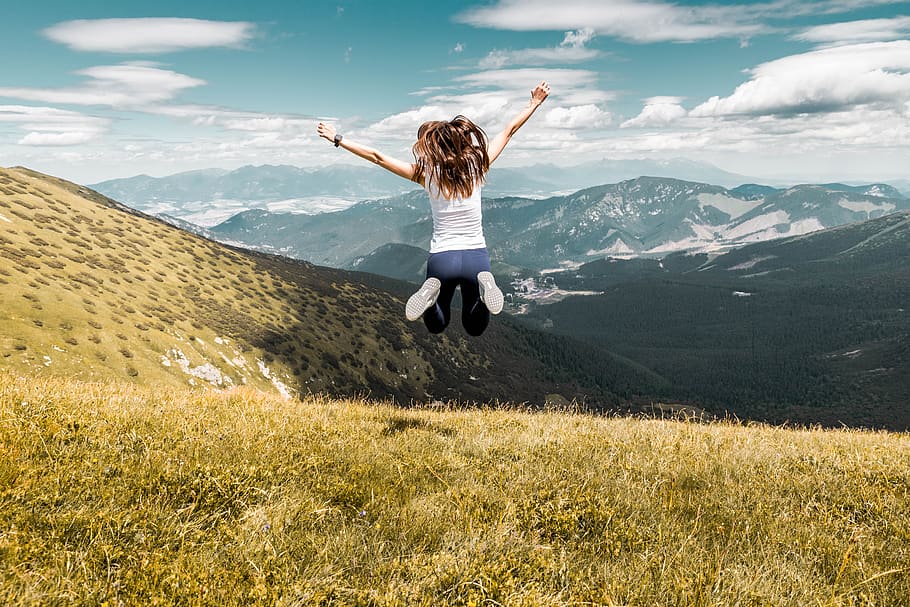 Young, woman, jumping, top, summer, mountains, adventure, beautiful, blue, clouds
