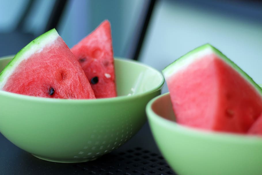 two, green, bowl, sliced, water melons, watermellon, watermelon, fruits, food, bowls