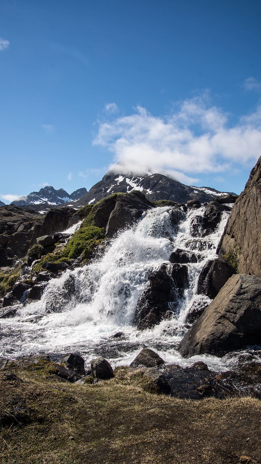 滝, 荒野, 風景, 自然, 水, 空, 夏, 青, 雪, グリーンランド