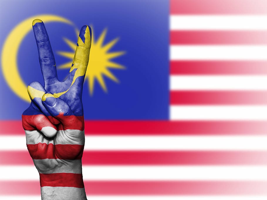 peace hand sign camouflaging, flag, crescent moon, sun, malaysia, peace, hand, nation, background, banner