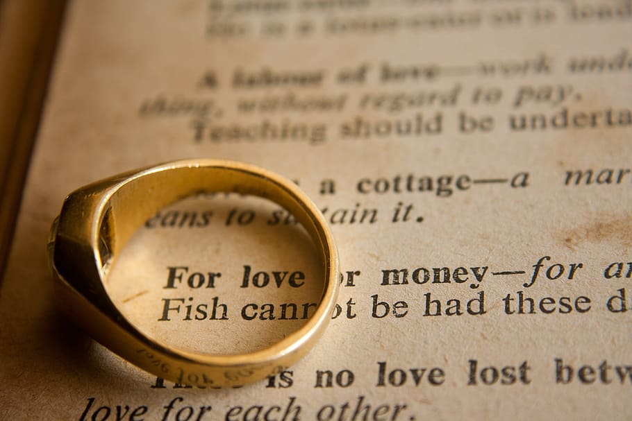 selective, focus photography, gold-colored ring, wedding ring, wedding, love or money, phrase, marriage, paper, business